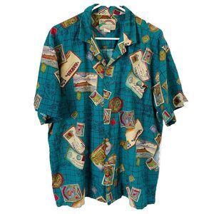Vintage Paradise Found Hawaiian Shirt Mens XL Blue Postcards Coins Stamps Island